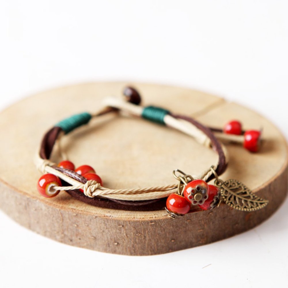 Ceramic Bead Charm Leaf Bracelet BOHO Bolo - Picture 2 of 5